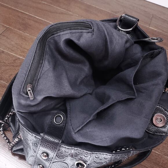 Skull Embossed Bucket Bag Tote Black Shopper Purse Chain Gothic Punk Alternative - Picture 4 of 11